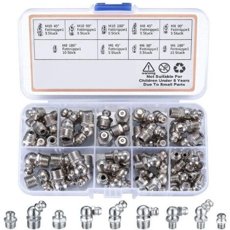 60 Pices graisseur a Visser, Assortiment Graisseur M6 M8 M10, Droit Graisse Raccord 45 90 180, avec Bote en Plastique, pour quipement Mcanique, Embout de Graissage Fixations