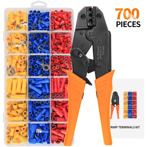 Pince à sertir cosse, Pince à Sertir à Cliquet 0,5-6 mm², Pince à Cosse de Câble, avec 700 Connecteurs à Sertir Isolés