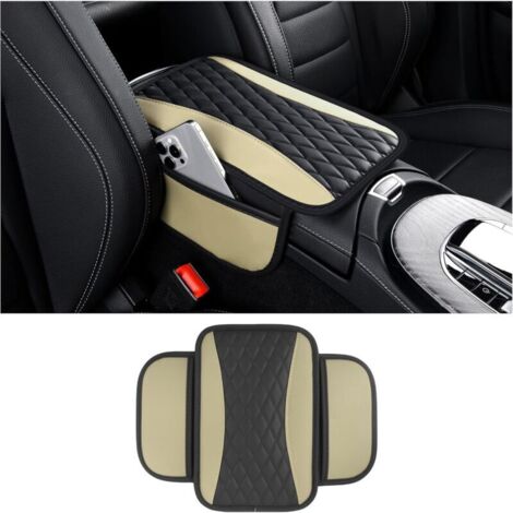 Coussin d'Accoudoir Voiture,Coussin Accoudoir en Microfibre Cuir avec 2 Poches de Rangement Voiture,Accessoire Voiture Interieur Housse Accoudoir Voiture pour La Plupart des Véhicules (Beige)