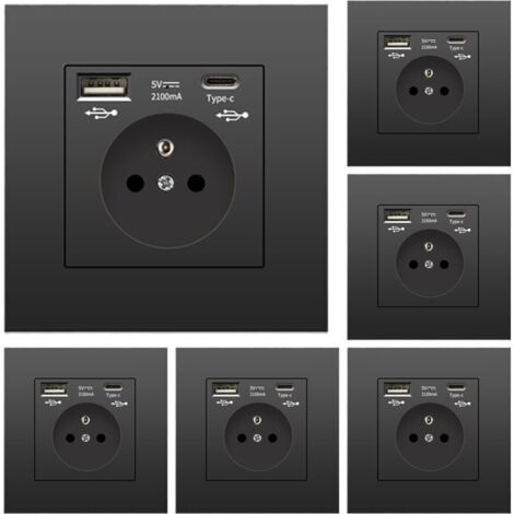 Lot de 6 prises murales avec USB et Type-C, 5 V 2,1 A, prise USB encastrée standard UE, multiprise française, 110-250 V (noir)