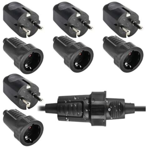 4 paires de prises et fiches Schuko : fiche de sécurité 250 V 16 A IP54, ensemble de prise et fiche bipolaire en caoutchouc avec serre-câble, fiche Schuko étanche adaptée à une utilisation extérieure, (1/5)