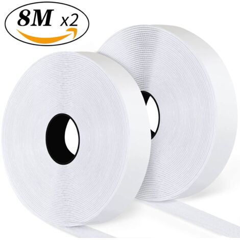 Ruban auto-agrippant, 8 mètres, autocollant, avec support autocollant, 20 mm de large (20 mm x 8 m, blanc)