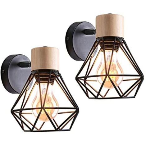 Lot de 2 Appliques Murales Industrielles Design Cage en Métal Lampe Murale Bois Décoration Ajustable Vintage Luminaire Interieur pour Chambre Couloir Salon, 16CM (1/5)