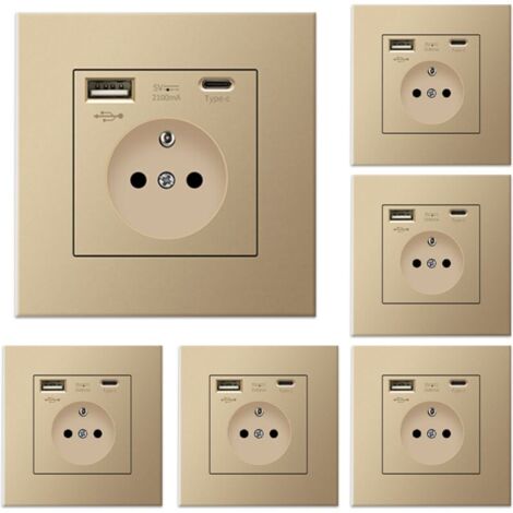 Lot de 6 prises murales avec USB et Type-C, 5 V 2,1 A, prise USB encastrée standard UE, multiprise française, 110-250 V (Doré)