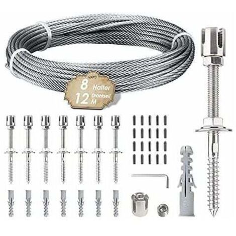 Debuns – Support pour plantes grimpantes 12 m – Câble en acier inoxydable 3 mm – 8 tendeurs universels – Résistant à la corrosion et à la rouille