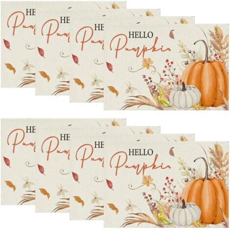 NKBBBCU Lot de 8 sets de table en polyester imprimé citrouille d'automne et érable, pour table festive, assiette, tasse, avec tapis isolant thermique (1/5)