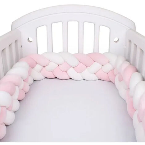 Basetbl – Tour de lit bébé 3M 4 brins coussin serpent tressé velours – Protection contre les chocs – Longueur 3m – Couleur blanc et rose