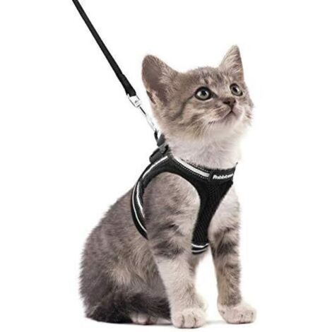 Harnais Chat avec Laisse, Harnais Respirant pour Chaton avec Bandes réfléchissantes Gilet Noir réglables Facile à Mettre