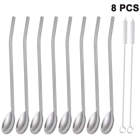 Pailles cuillères inoxydables réutilisables, lot de 8, pailles métalliques avec cuillère intégrée