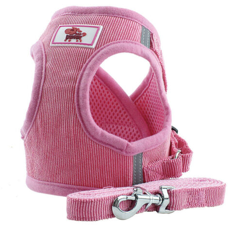 Harnais réfléchissant réglable, laisse, gilet pour chiot, sangles en velours côtelé respirant, harnais de marche en maille pour chiens de petite et moyenne taille et chats (rose, S)