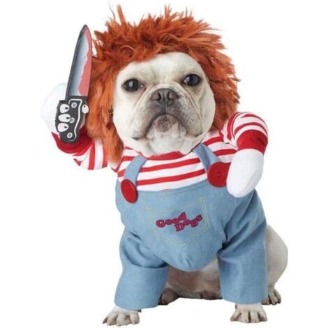 Déguisement de Poupée de Mort pour Chiens effrayant Halloween Cosplay Poupée Chucky Costume de Chien Porter un chapeau drôle de fête Vêtements de Noël Convient pour les grands et les petits Chiens