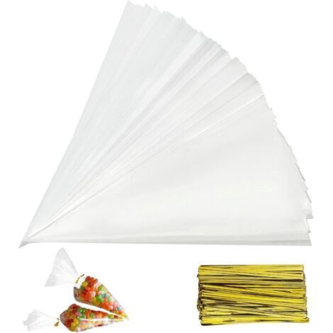150 PCS Sachets Transparents Bonbons, Sacs à Cône Transparent, Sac de Bonbons en Plastique Biscuit Cadeau Mariage, pour emballer des biscuits gâteau au chocolat confiserie (13 x 25 cm) (1/5)