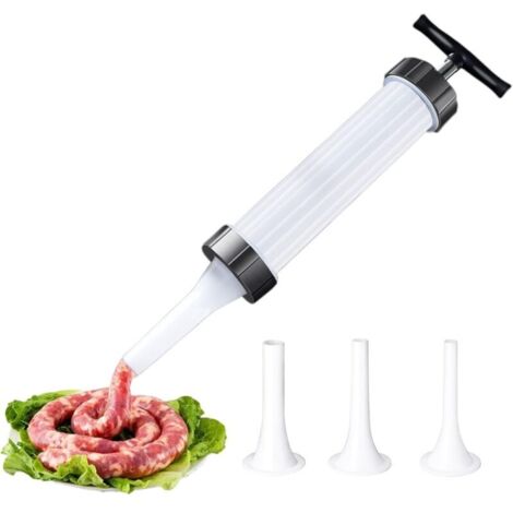 Machine remplissage saucisses, poussoir trois entonnoirs tube inclus, préparation charcuterie maison facile hygiénique efficace