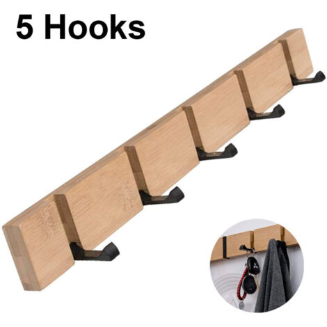 Patère Murale Moderne, Porte-Manteau En Bois Pliable Patère En Bambou Avec 4/5 Crochets Mobiles Pour Vestes, Manteaux, Écharpes, Sacs À Main Et Plus (1/5)