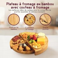 Plateau à Fromage Rond en Bambou avec Couteau à Fromage, Plateau de Service Tournant en Bois à 4 Couches, Plateau en Bois Coulissant pour Charcuterie, Amuse-Bouches et Planche Apéro.