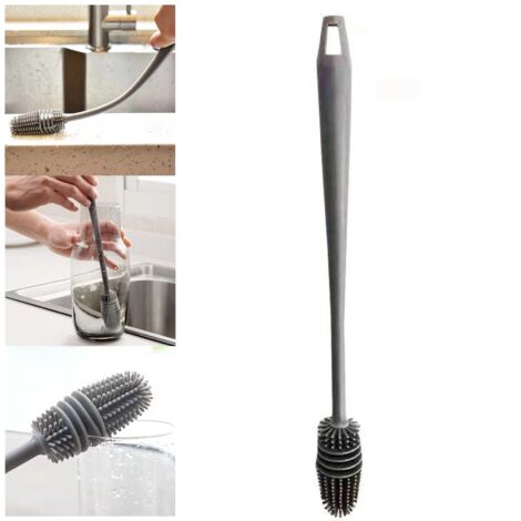Goupillon Bouteille Silicone Lave Bouteille Ecouvillon Gourde Brosse de Nettoyage Brosse Nettoyage Vaiss Carafe Bottle Brush Thermos (Gris) (1/5)