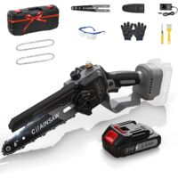 Mini tronçonneuse avec batterie 1 x 2000 mAh, tronçonneuse à batterie 15 cm, tronçonneuse sans balais avec graissage automatique et tension de chaîne sans outil, tronçonneuse manuelle pour sécateur et
