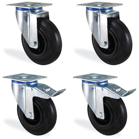 Lot de 4 roulettes pivotantes à frein 80mm – Charge maximale 150kg – Caoutchouc noir pour sols durs – Installation facile – HTR