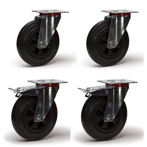 2Gt Roues Et Roulettes – Lot de 4 roulettes pivotantes à frein caoutchouc noir 125 mm – Charge 300 kg – Pour sols irréguliers – Installation facile