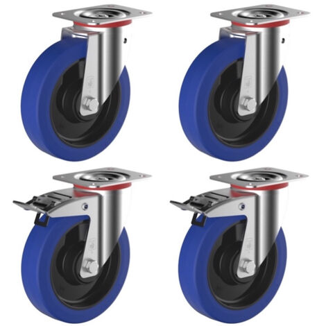 2Gt Roues Et Roulettes – Lot de 4 roulettes pivotantes à frein caoutchouc 100 mm – Charge 540 Kg – Bandage super élastique EASYROLL® – Pour sols variés