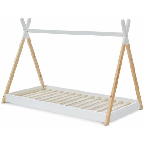 Lit Tipi en bois massif. pin naturel blanc - sommier inclus. 90x190cm - Tobias