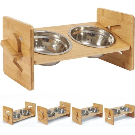 Gamelle Chat Sureleve, Gamelle Chien Surelevee avec Bol INOX Support en Bambou Réglable en Hauteur 31x17x16cm