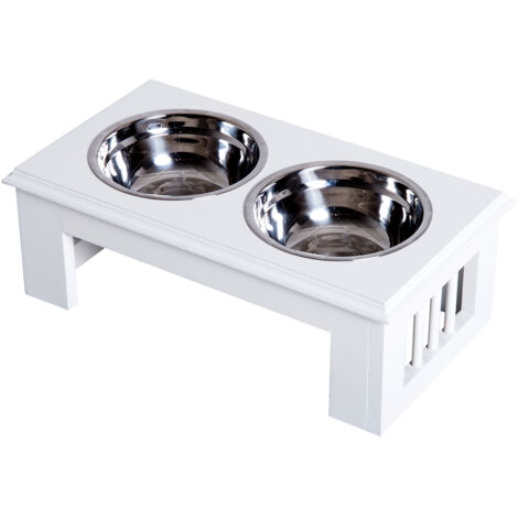 Pawhut – Gamelle double surélevée pour chien et chat – 2 gamelles en acier inoxydable – Support MDF blanc – Dimensions 44L x 24l x 15H cm