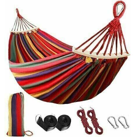 Hamac suspendu 200 x 150 cm – Coton et toile – Charge maximale 300 kg – Installation rapide entre arbres ou support – Pour 2 personnes