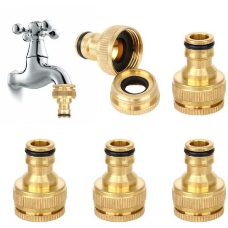 5PCS Raccord Tuyau d'arrosage en Laiton, Connecteur Robinet Tuyau de Jardin Raccord Robinet Tuyau Arrosage Laiton Connecteur de Robinet Fileté 1/2 et 3/4 avec Rondelle (1/4)