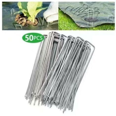 Lot de 50 piquets de fixation en acier galvanisé pour bâche anti-mauvaises herbes - 200x40mm - Ø2,5mm- (1/5)