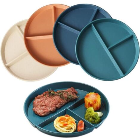 22CM Lot de 4 Assiette Plate Incassable avec 3 Compartiments Assiette à Dîner Divisée Allant au Micro-ondes et au Lave-vaisselle Assiette pour Enfants Familiale Séparée (Couleur Foncée) (1/4)