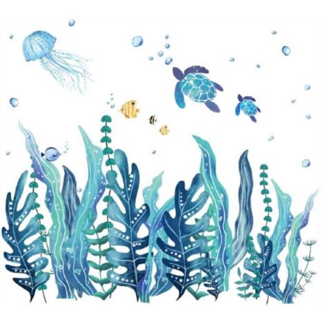 2 Feuilles Stickers Muraux Algues 3D Sous-Marins Stickers Muraux Tortues de Mer Autocollant Mural en Vinyle Amovible de Poisson Méduse d'Herbe d'Océan pour Chambre Salle de Bains (1/4)