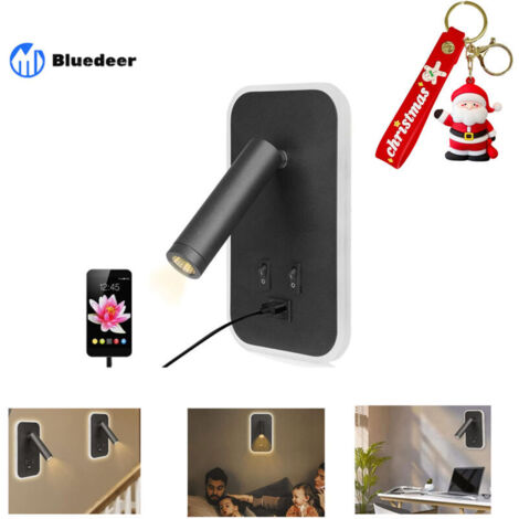 Applique murale LED, liseuse de chevet avec interrupteur, port de charge USB, éclairage d'ambiance réglable pour chambre (lumière naturelle 3 W + lumière chaude 9 W) Noir (1/5)