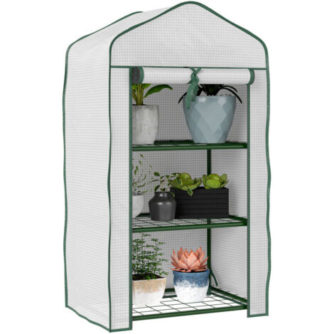 Serre de Jardin étagère 3 Niveaux dim. 59L x 39l x 127H cm métal thermolaqué Vert PE Haute densité 140g/m² Blanc (1/5)