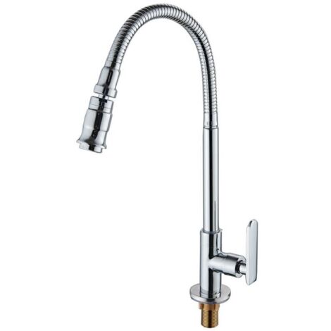 Robinet d'évier de cuisine rotatif à 360 degrés, bar de salle de bain, jardin extérieur, robinet de blanchisserie à col doux d'eau froide unique en cuivre, argent- (1/4)