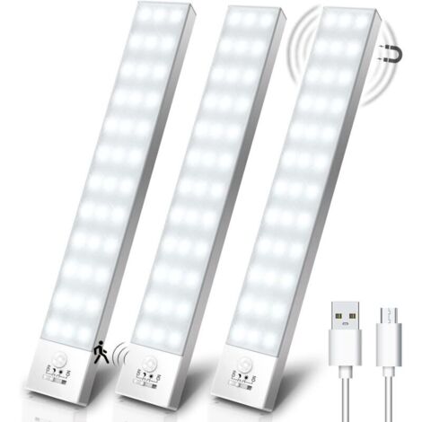 Lampe de Placard Lot de 3, 5000K USB Sans Fil LED Lampe de Placard Détecteur de Mouvement Rechargeable Lamp Led Aimant Intégré Veilleuse pour Armoire Placard Escalier Cuisine Couloir-23cm (1/5)