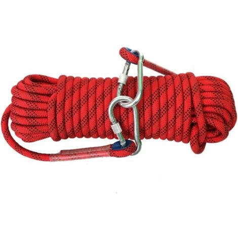 Corde de sécurité extérieure de 10 mm avec 2 mousquetons en acier, adaptée pour l'escalade et le sauvetage (10 m rouge) (1/5)