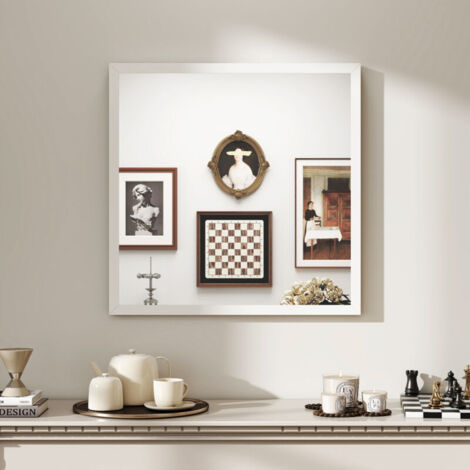 Miroir mural carré 50 x 50 cm, cadre en bois blanc, idéal pour la salle de bain, salon ou chambre (1/5)