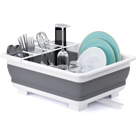 Égouttoir à vaisselle pliable avec porte-ustensile - parfait pour les propriétaires ou le camping, résistant à la déchirure, conception peu encombrante, pieds antidérapants, Gris 36.5×31×12CM (1/5)