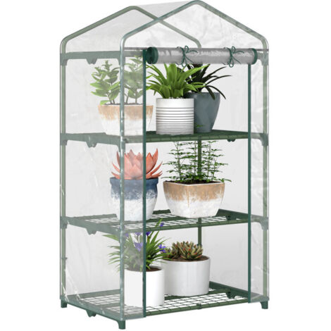 Outsunny Serre de jardin avec étagères 3 niveaux, serre de balcon, bâche renforcée PVC, châssis en acier, porte zippée enroulable, pour légumes plantes fleurs, 69 x 49 x 125 cm, transparent (1/5)