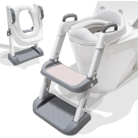 Reducteur Toilette Enfant Réducteur WC, Siege Toilette Enfant Chaise De Toilette Pour L'apprentissage Des Tout-Petits, Coussinet Antidérapant Avec Poignées, Hauteur Réglable, Tabouret Pliable, Gris