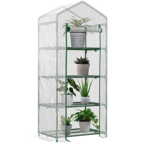 Outsunny Serre de jardin PE avec étagères 4 niveaux, serre de balcon, bâche renforcée 140 /m², châssis en acier, porte zippée enroulable, pour légumes plantes, intérieur extérieur, 70x50x160cm, blanc (1/5)