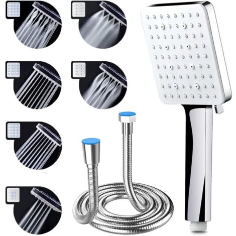 Pommeau de Douche Haute Pression avec Tuyau de 1,5 m Pommeau Douche Economie Deau avec 6 Modes de Douche Réglable Universelle Grande Douchette Douche, Carrée Chromés (1/5)