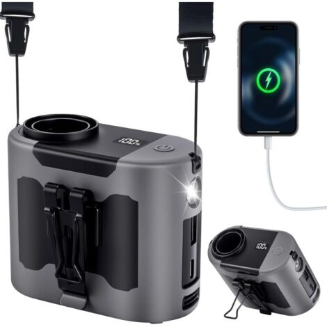 Ventilateur Portable 10000mAh 40H, Ventilateur de Taille 5 Vitesses 16000RPM avec Lumière LED Ventilateur de Cou à Mains Libres for Extérieur, Chantier, Ferme,Voyage, Pêche (gris) (1/5)