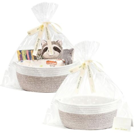 Panier Cadeau, 2 Pièces Panier Cadeau Vide, Panier Tressé avec 2 Sacs Cadeaux Transparents, 2 Rubans Colorés, 2 Cartes de Vœux pour Baby Shower, Anniversaire, Mariage, Fête des Récoltes, Noël (1/5)