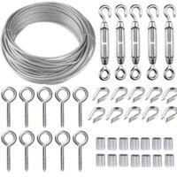 Stainless Steel Hanging Rope Set, 30m/2mm Coated Stainless Steel Cable with M5 Tensioners, 2mm Wire Rope Set for Climbing Plants, Clothesline, Guardrail, Railing Cable