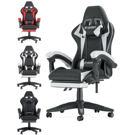 Fauteuil gamer ergonomique - Rattantree Chaise de bureau - Avec appui-tête, Support lombaire et Repose-pieds - Hauteur Réglable - Noir et Blanc
