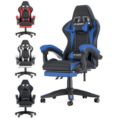Fauteuil gamer ergonomique - Rattantree Chaise de bureau - Avec appui-tête, Support lombaire et Repose-pieds - Hauteur Réglable - Noir et Bleu