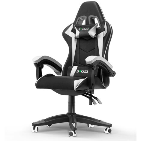 Chaise de bureau - Rattantree Chaise Gaming - Siège de Bureau Réglable Gaming Racing - avec coussin et dossier inclinable - Noir et Blanc