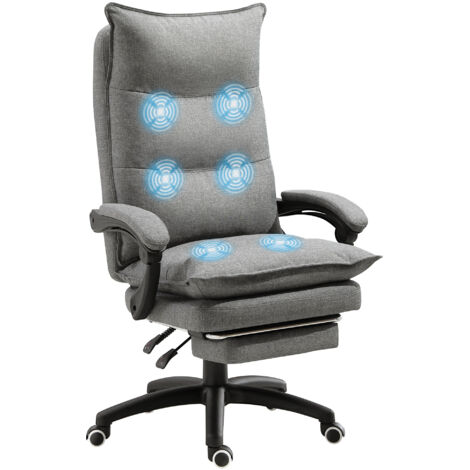 Fauteuil de bureau massant ergonomique en lin gris, dossier inclinable, hauteur réglable, repose-pied intégré, télécommande filaire, pivotant 360° (1/5)